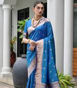 firozi color smart paithani woven designer banarasi silk blend saree for traditional rich looks