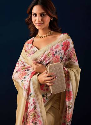 Beige color jute silk fabric designer printed ready to wear saree 3