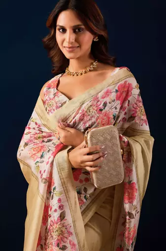 beige color jute silk blend fabric designer printed ready to wear saree