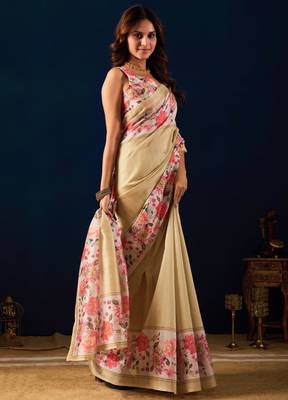 Beige color jute silk fabric designer printed ready to wear saree 4