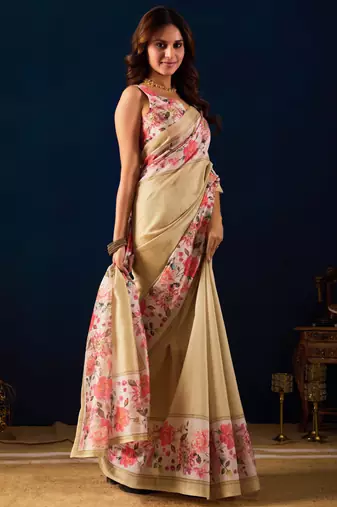 beige color jute silk blend fabric designer printed ready to wear saree