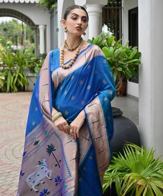 firozi color smart paithani woven designer banarasi silk blend saree for traditional rich looks 3