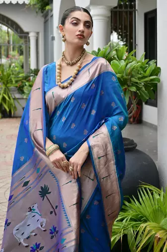 firozi color smart paithani woven designer banarasi silk blend saree for traditional rich looks