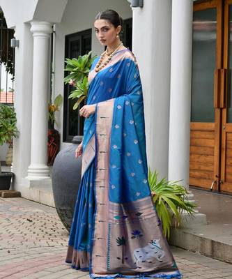 firozi color smart paithani woven designer banarasi silk blend saree for traditional rich looks 4