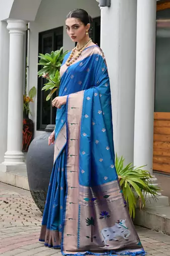 firozi color smart paithani woven designer banarasi silk blend saree for traditional rich looks