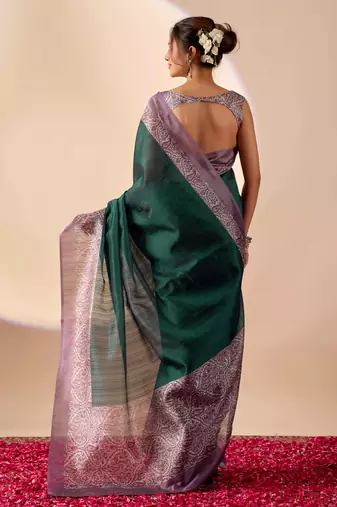 rama color jute silk blend fabric designer printed ready to wear saree