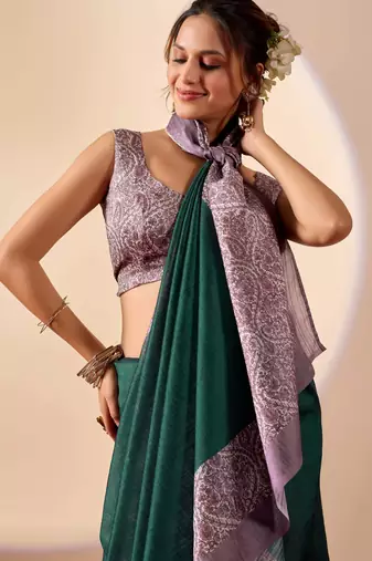 rama color jute silk blend fabric designer printed ready to wear saree