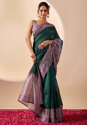Rama color jute silk fabric designer printed ready to wear saree 4
