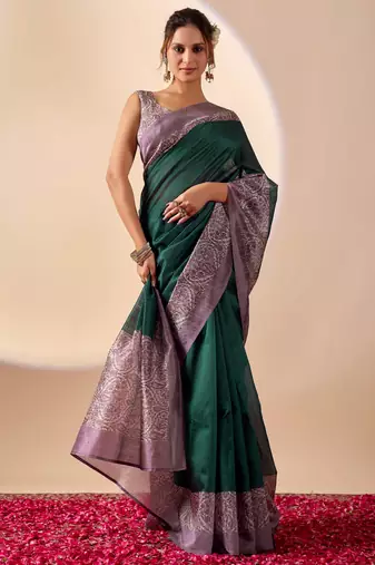 rama color jute silk blend fabric designer printed ready to wear saree