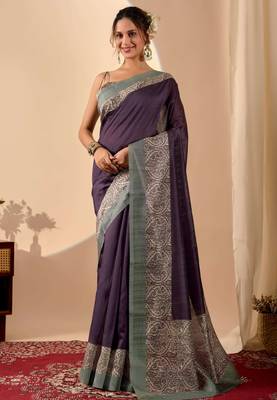 Purple color jute silk fabric designer printed ready to wear saree 1