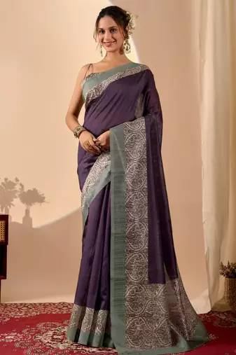 purple color jute silk blend fabric designer printed ready to wear saree