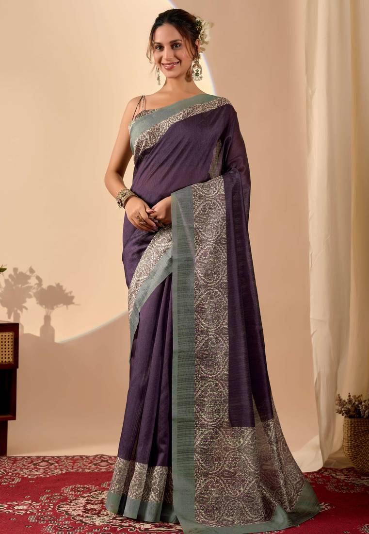 Purple color jute silk fabric designer printed ready to wear saree