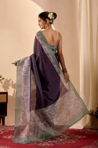 purple color jute silk blend fabric designer printed ready to wear saree