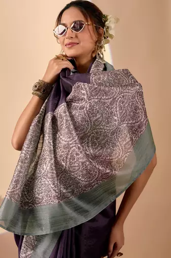 purple color jute silk blend fabric designer printed ready to wear saree