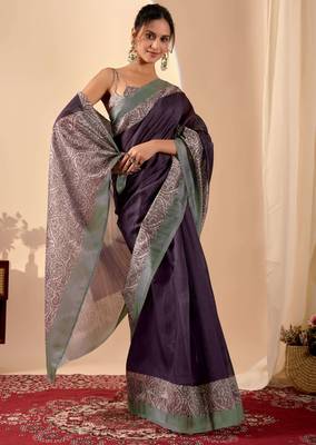 Purple color jute silk fabric designer printed ready to wear saree 4