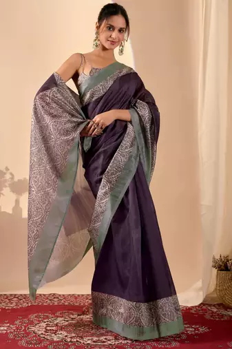 purple color jute silk blend fabric designer printed ready to wear saree