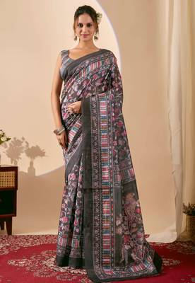 Black color jute silk fabric designer printed ready to wear saree 1