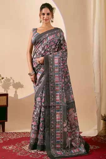 black color jute silk blend fabric designer printed ready to wear saree
