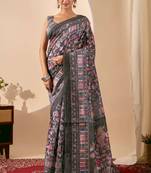 Black color jute silk fabric designer printed ready to wear saree
