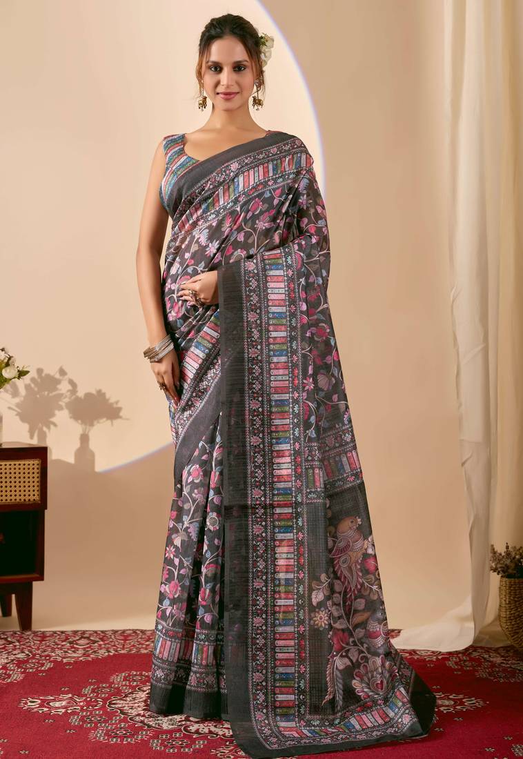 Black color jute silk fabric designer printed ready to wear saree