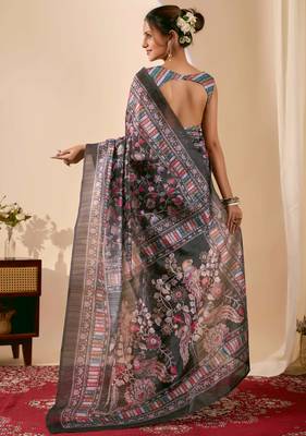 Black color jute silk fabric designer printed ready to wear saree 2