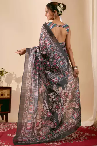 black color jute silk blend fabric designer printed ready to wear saree