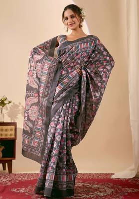 Black color jute silk fabric designer printed ready to wear saree 4