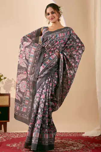 black color jute silk blend fabric designer printed ready to wear saree