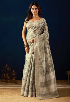 Cream color jute silk fabric designer printed ready to wear saree 1