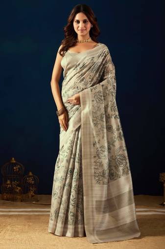 cream color jute silk blend fabric designer printed ready to wear saree