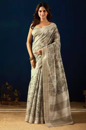 cream color jute silk blend fabric designer printed ready to wear saree
