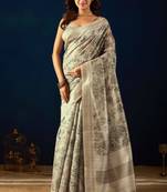 Cream color jute silk fabric designer printed ready to wear saree