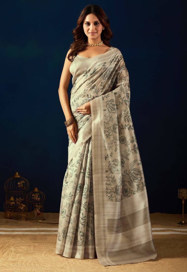 Cream color jute silk fabric designer printed ready to wear saree