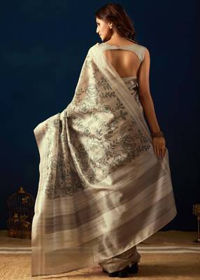 Cream color jute silk fabric designer printed ready to wear saree 2