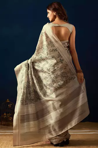 cream color jute silk blend fabric designer printed ready to wear saree