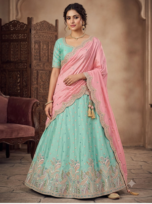 sky blue green embroidered lehenga choili  1