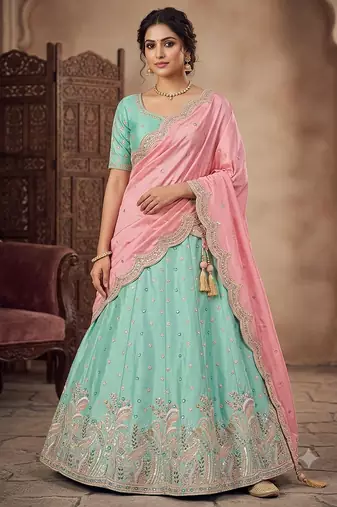 sky blue green embroidered lehenga choili 
