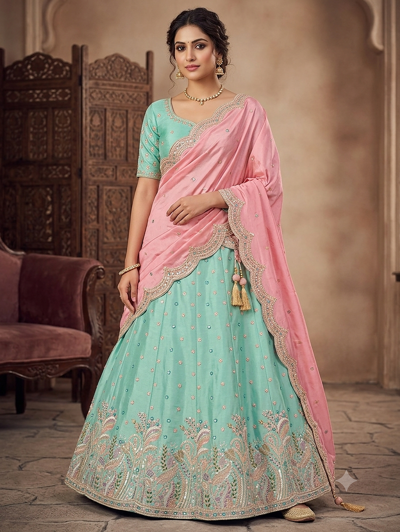 sky blue green embroidered lehenga choili 