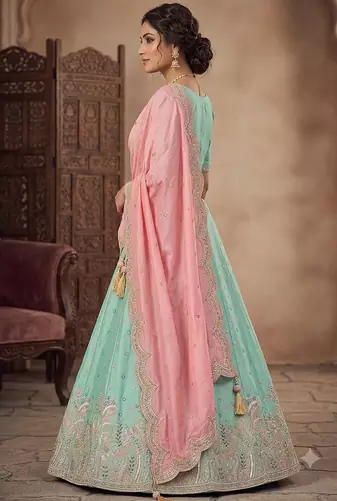 sky blue green embroidered lehenga choili 