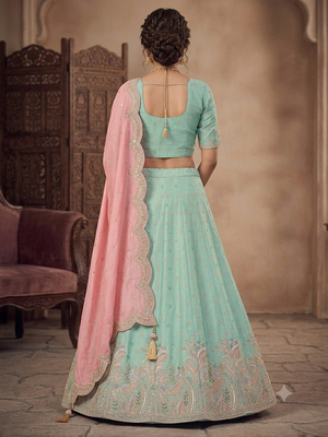 sky blue green embroidered lehenga choili  3