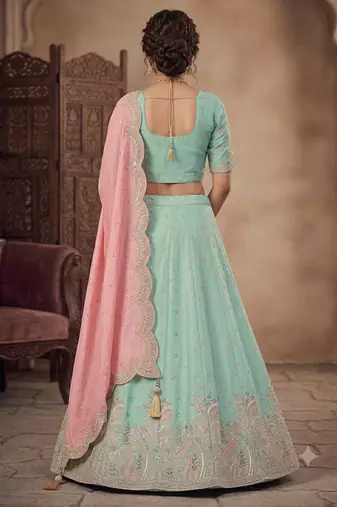 sky blue green embroidered lehenga choili 