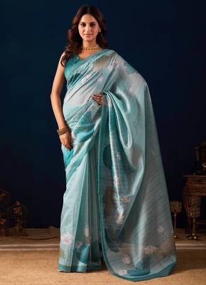 Sky blue color jute silk fabric designer printed ready to wear saree 1