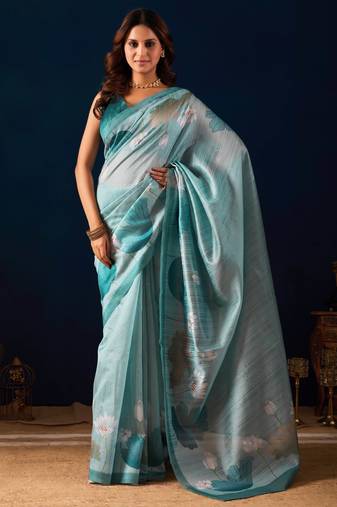 sky blue color jute silk blend fabric designer printed ready to wear saree