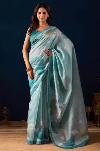 sky blue color jute silk blend fabric designer printed ready to wear saree