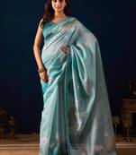 Sky blue color jute silk fabric designer printed ready to wear saree