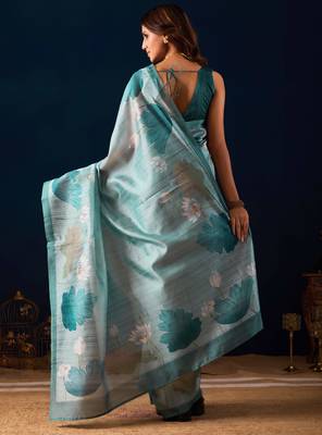 Sky blue color jute silk fabric designer printed ready to wear saree 2