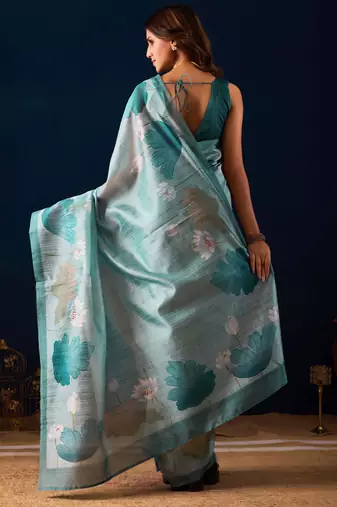 sky blue color jute silk blend fabric designer printed ready to wear saree
