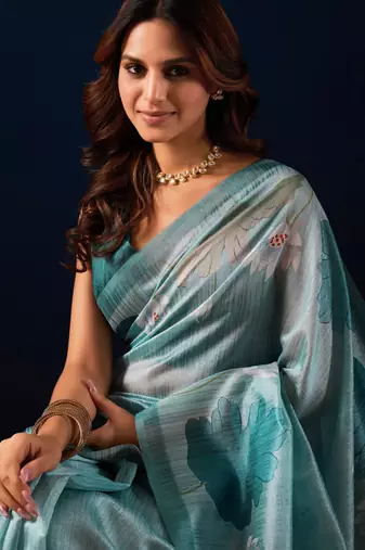 sky blue color jute silk blend fabric designer printed ready to wear saree