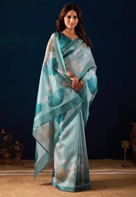 Sky blue color jute silk fabric designer printed ready to wear saree 4