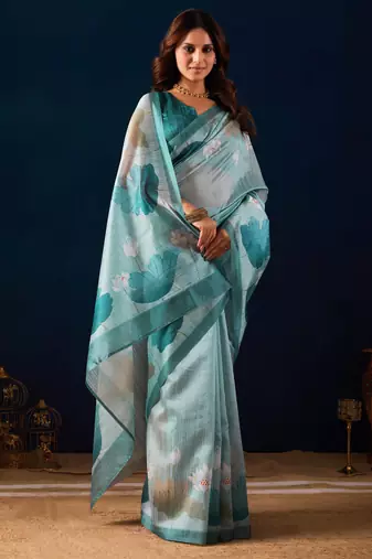sky blue color jute silk blend fabric designer printed ready to wear saree